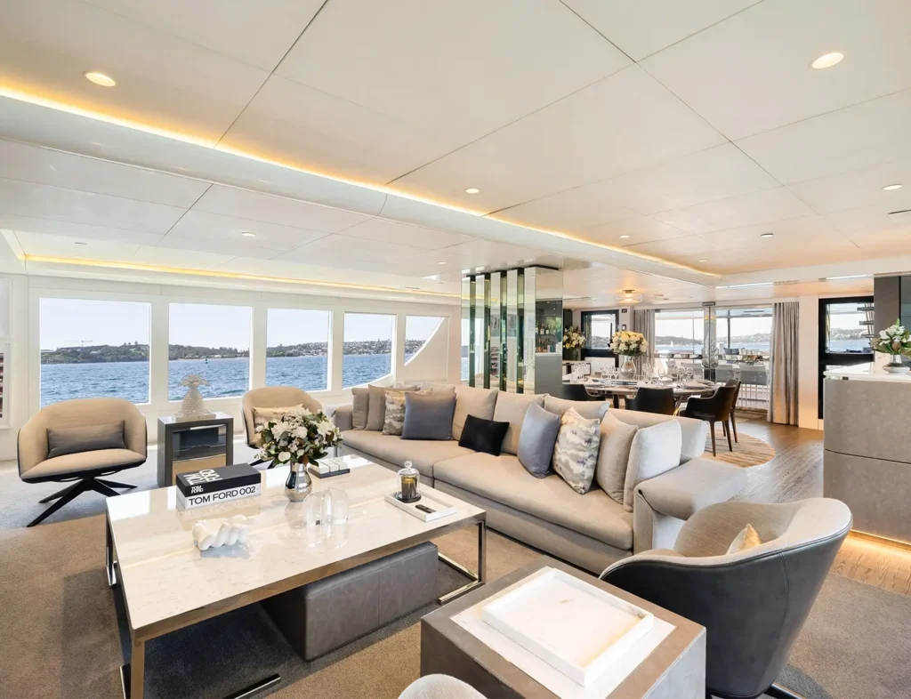 Evolution superyacht main saloon with lounge and dining area