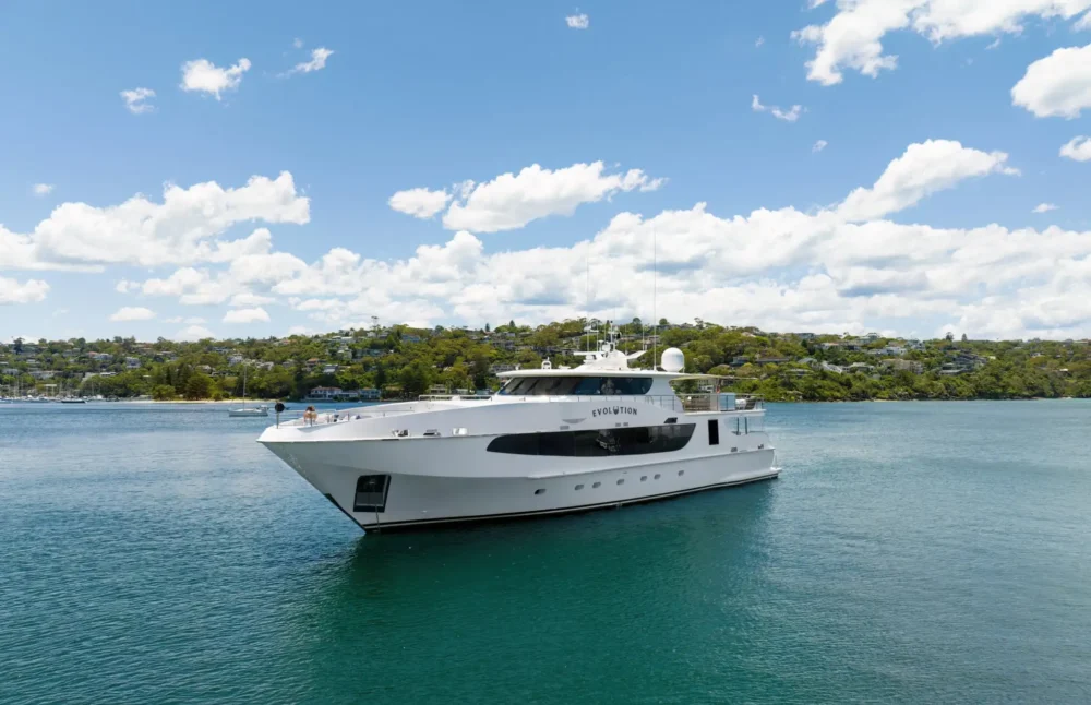 EVOLUTION at anchor in a sheltered Sydney waterway