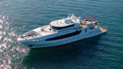 EVOLUTION superyacht viewed from above on Sydney Harbour